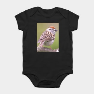 Chipping Sparrow on a big curled tree branch Baby Bodysuit